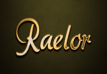 Old gold text effect of futuristic name Raelor with 3D glossy style Mockup.