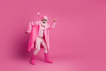 Photo of eccentric elegant senior man wear trendy coat celebrate festive valentine day event isolated on pink color background
