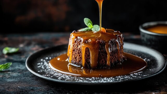 Decadent sticky toffee pudding with caramel sauce and mint garnish on black plate
