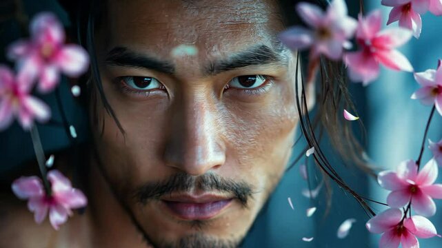 ancient Japanese warrior looking behind pink flower branch
