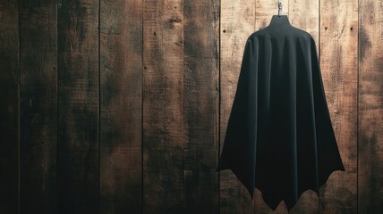 Naklejka premium Black cape hanging on wooden wall