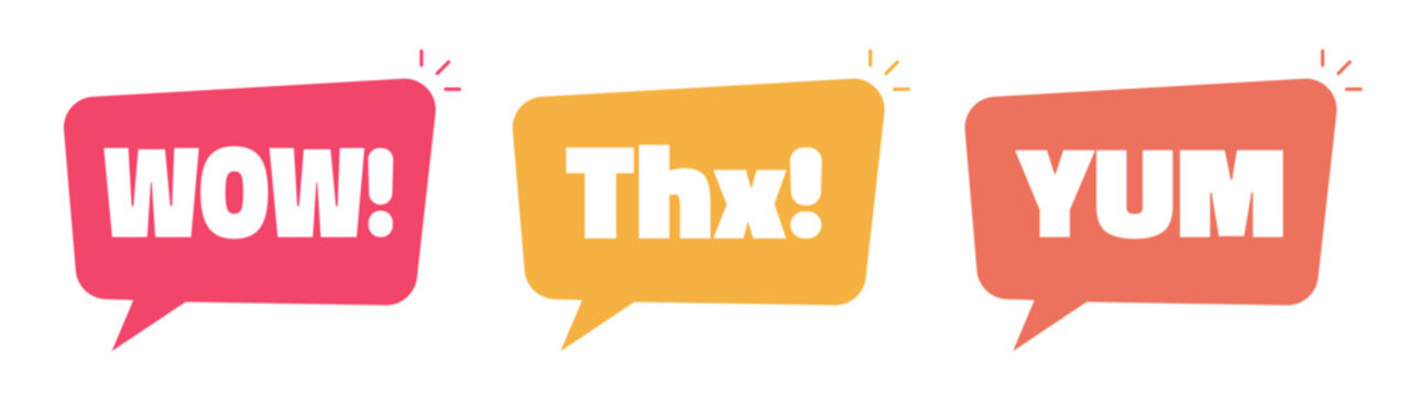 Wow, thanks and yum talk speech bubble icons vector simple flat cartoon graphic illustration set, red yellow peach chat messages with text image clip art
