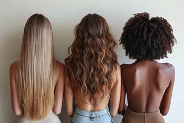 three women with different hairstyles and hair types, rear view