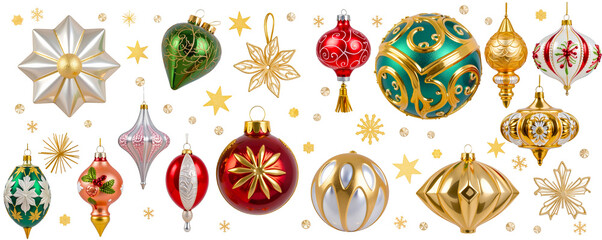 Vintage Christmas Ornament Collection: A festive assortment of vintage Christmas ornaments in various shapes and colors, perfect for your holiday crafting and design projects.