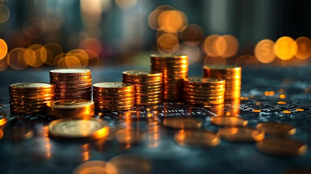 close up gold coins pile up, gold coin stack with glitter glow light, abstract background of banking and financial