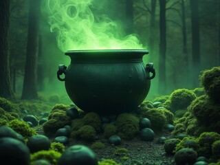Mysterious black cauldron emitting glowing green smoke, placed in a foggy, moss-covered forest setting, evoking a magical and eerie atmosphere