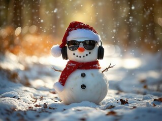 Fototapeta premium A snowman in headphones and a red scarf, selective focus 