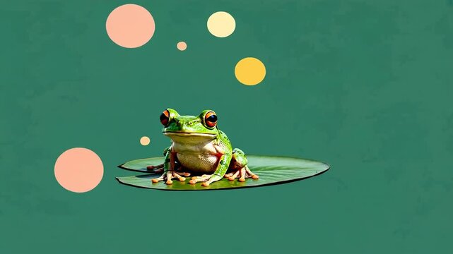 Colorful frog on green background with abstract shapes