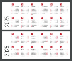 calendar for 2025 starts sunday and monday, vector calendar design 2025 year