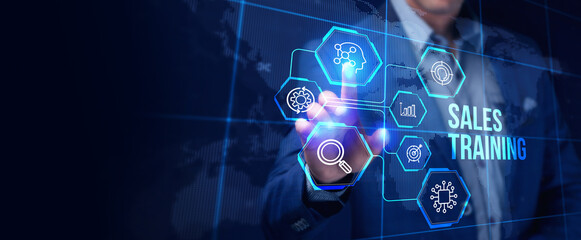 Sales training, Business development and marketing concept on virtual screen.