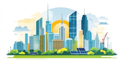 A colorful illustration of a modern cityscape with solar panels and wind turbines, showcasing sustainable energy practices and a focus on environmental responsibility.