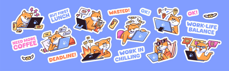 Cute dog works in office stickers set with comic phrases. Employee Akita puppy with laptop, computer. Funny worker Shiba inu eating, sleeps, relaxes at workplace. Flat isolated vector illustrations