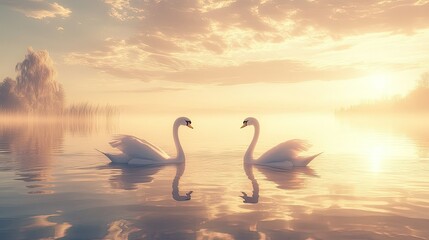 Fototapeta premium A pair of swans gliding gracefully across a still lake at sunrise.