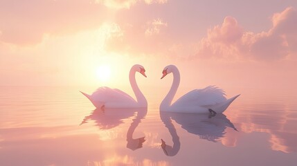 Fototapeta premium A pair of swans gliding gracefully across a still lake at sunrise.