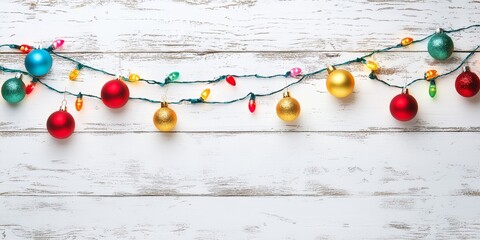 Obraz premium Christmas garland with colorful baubles and string lights on a white rustic wooden background.