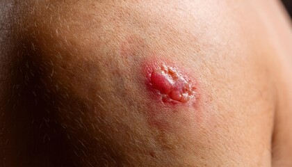 Fototapeta premium Close-up of Inflamed and Infected Skin Boil with Pus on Human Shoulder. Example of Staphylococcal Infection, Abscess Formation, and Skin Inflammation in Healthcare or Dermatological Context