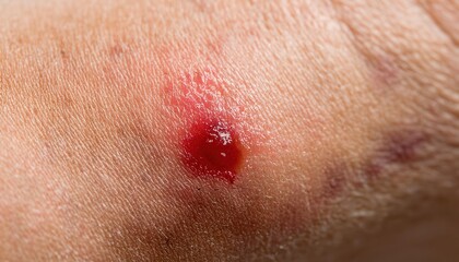 Fototapeta premium Close-up of Inflamed and Infected Skin Boil with Pus on Human Shoulder. Example of Staphylococcal Infection, Abscess Formation, and Skin Inflammation in Healthcare or Dermatological Context