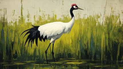 Naklejka premium A red-crowned crane standing elegantly in a rice field, its long legs and white feathers contrasting with the green.
