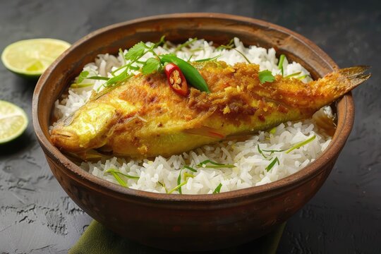 Traditional Bangladeshi Dish with Fermented Rice and Fried Hilsha Fish, a Popular Bangladesh Food