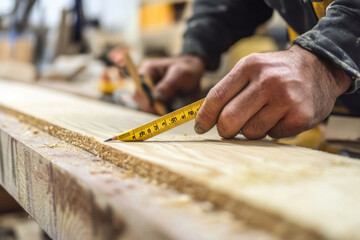 A carpenter focuses intently on measuring a piece of wood using a tape measure. The workshop is filled with wood shavings and tools, creating a busy, productive atmosphere.