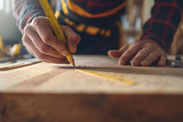 A carpenter focuses intently on measuring a piece of wood using a tape measure. The workshop is filled with wood shavings and tools, creating a busy, productive atmosphere.