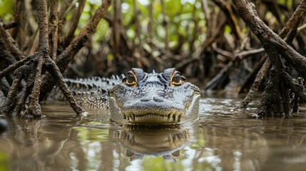 Fototapeta premium A saltwater crocodile gliding silently through a mangrove swamp, its eyes just above the water's surface.