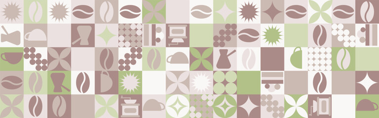 Coffee seamless background for textile and wallpaper with geometric shapes and coffee beans. Fashionable splash template with a cup in brown and green tones.