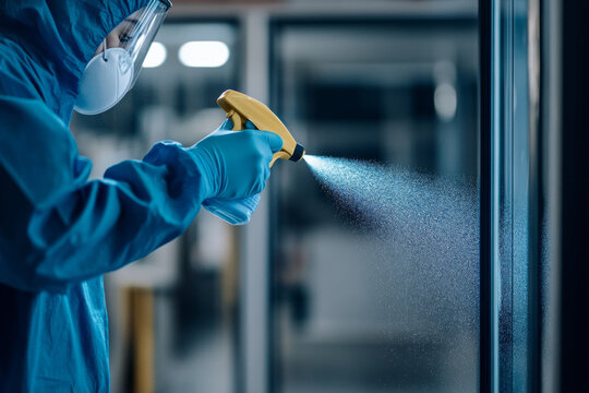 A custodian wearing protective gear is spraying disinfectant on high-touch surfaces in a public area, ensuring cleanliness and safety during nighttime cleaning.