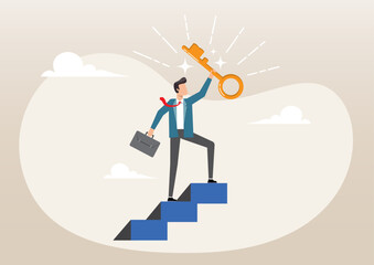 Businessman winner walk up to top of stairway lifting golden success key to the sky