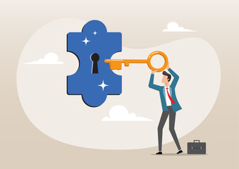 businessman turn key into jigsaw puzzle keyhole