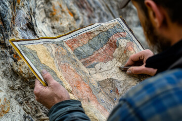 A geologist holds a weathered geological map, carefully analyzing its details while surrounded by rugged rocks in a mountain environment, deep in study.