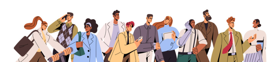 Banner with crowd of office workers, employees. Business team goes to work together. Busy people communicate by phone, hurry. Group of colleagues walks. Flat isolated vector illustration on white