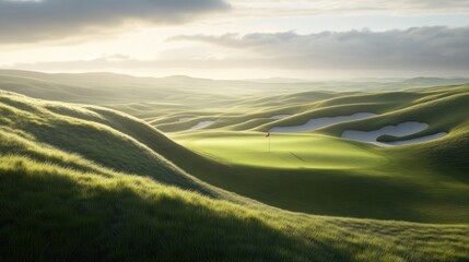 Obraz premium A scenic golf course with green grass and sand bunkers in the background, with a red flag marking the hole in the foreground, lit by the warm glow of the morning sun.