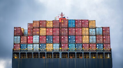 Obraz premium Stacked Cargo Containers at Busy Seaport Terminal Skyline