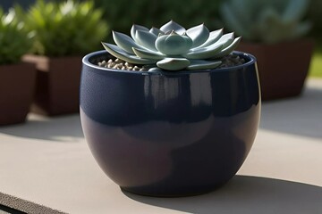 A blue ceramic pot with a lush succulent plant atop a table, adding a touch of greenery to the decor.
