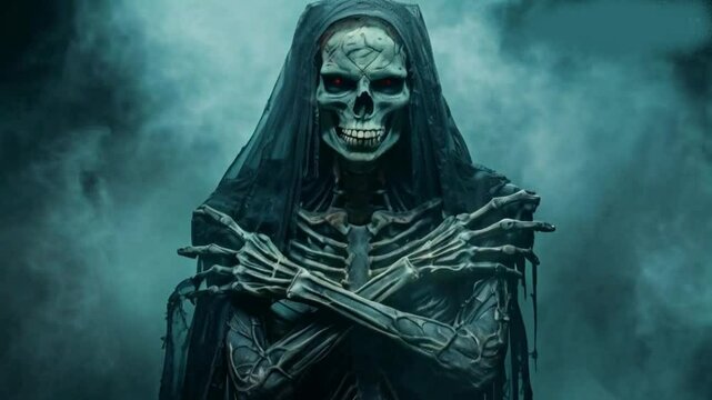 A Dark fantasy colored art cover closeup portrait of a terrifying reanimated undead skeleton priestess with arms crossed in a dark misty background. High quality HD 4K Video Clip