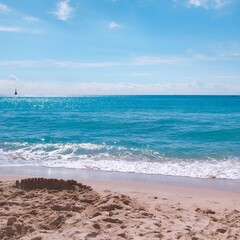 Stunning blue sea, intricate sandcastle, sunny skies