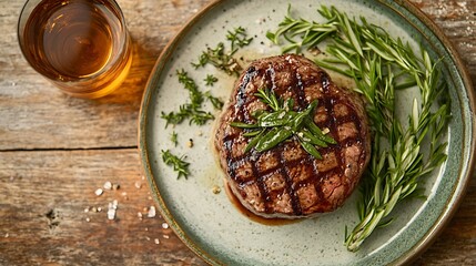 A top view of a perfectly cooked steak garnished with fresh herbs, accompanied by a glass of whiskey on a rustic wooden table.