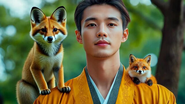 kitsune man, young Japanese man with small mini fox on his shoulder