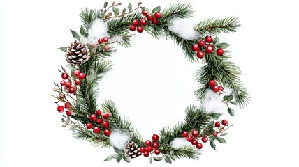 Watercolor holiday wreath adorned with pine needles and berries, featuring a soft snow blank center for personalization.