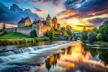 Majestic Long Exposure of a Medieval Fortress Overlooking a Serene River with a Stone Castle Surrounded by Water, Capturing the Essence of Ancient Architecture and Nature's Beauty