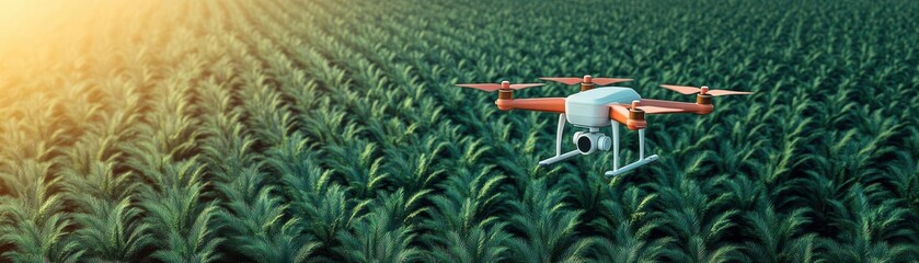 A drone flying over a lush green field, capturing images for precision agriculture and modern farming techniques.