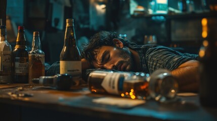 Man Sleeping on a Table with Alcohol Bottles