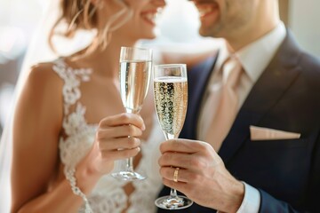 Bride and groom clinking champagne glasses
