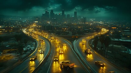 Fototapeta premium Top view of the expressway at night Take photos using the long exposure technique. Makes the light of the tow truck's headlights appear as a long line. with the beautiful dark blue night sky.