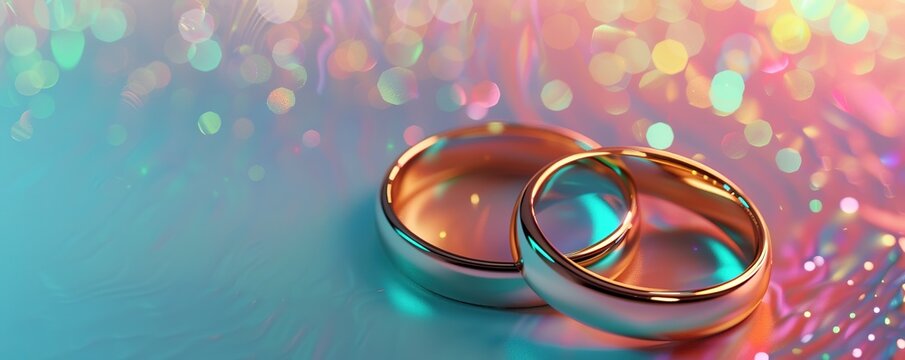 Gold wedding rings on blue shimmering background
