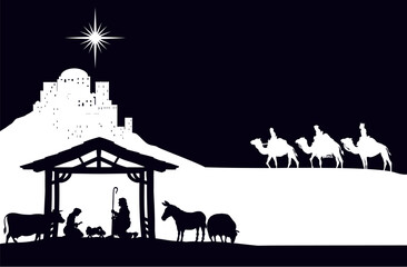 A Christmas nativity scene with baby Jesus in the manger, wise men and city of Bethlehem in the background