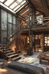 Cozy wooden interior with stairs and natural light