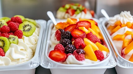 Freshly made gelato with fruit toppings, busy night crowd, street food snacks, Italian dessert