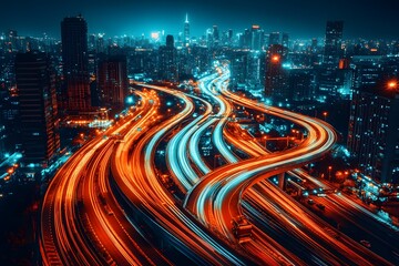 Fototapeta premium Top view of the expressway at night Take photos using the long exposure technique. Makes the light of the tow truck's headlights appear as a long line. with the beautiful dark blue night sky.